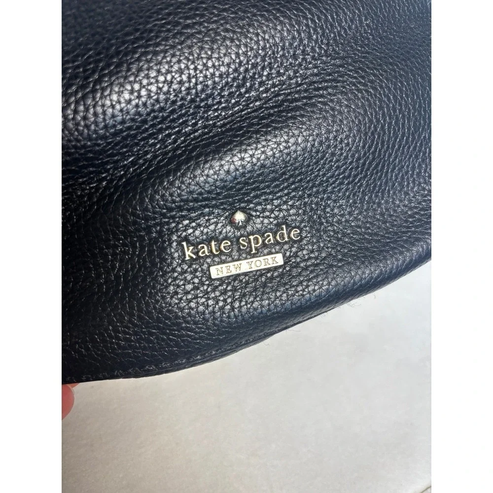 Kate‎ Spade Black Pebbled Leather Hobo Shoulder Bag Gold Logo Striped Lining